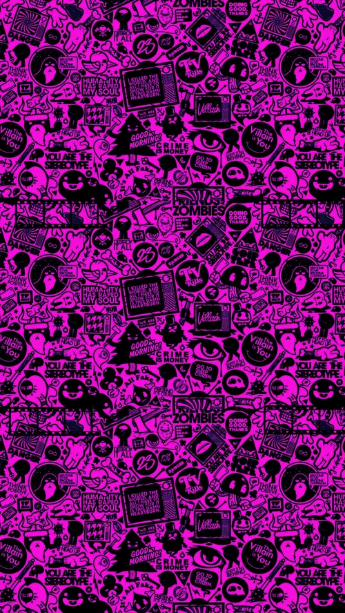 Pink and black collage of cartoonish icons and text