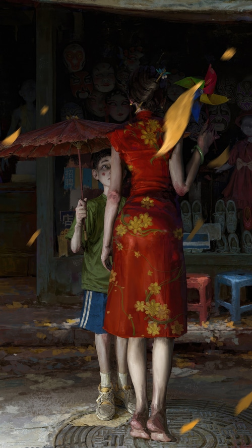 Artwork of a woman and a boy under an umbrella