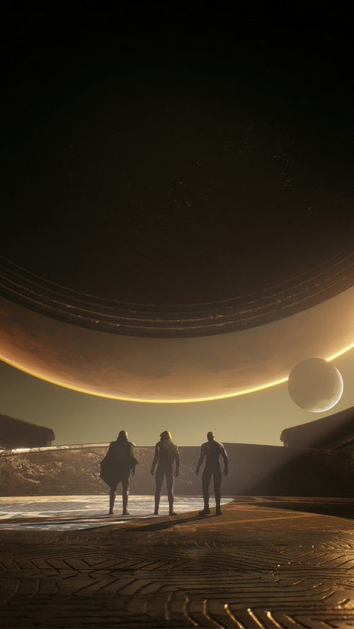 Dune: Awakening - Three figures stand before a colossal ring structure