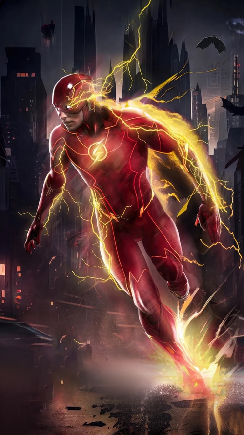 The Flash running through a city at night