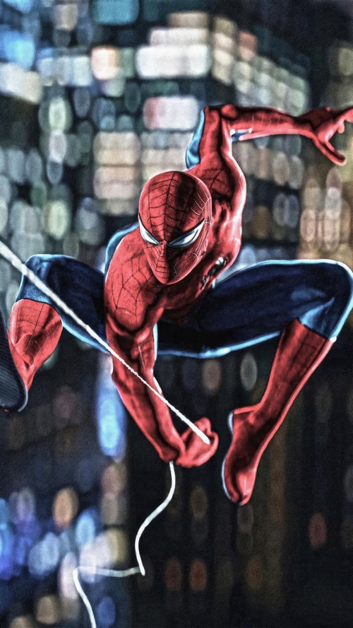 Spiderman swinging through a city at night