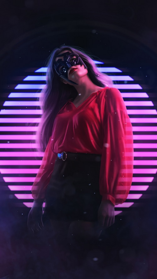 Woman in mask and red shirt with neon background