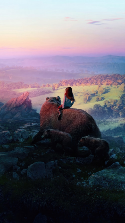Girl riding a bear with cubs at sunset