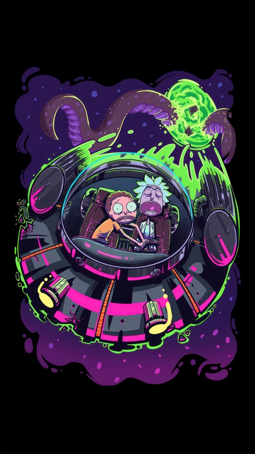 Rick and Morty in a Spaceship with Tentacles and Portal