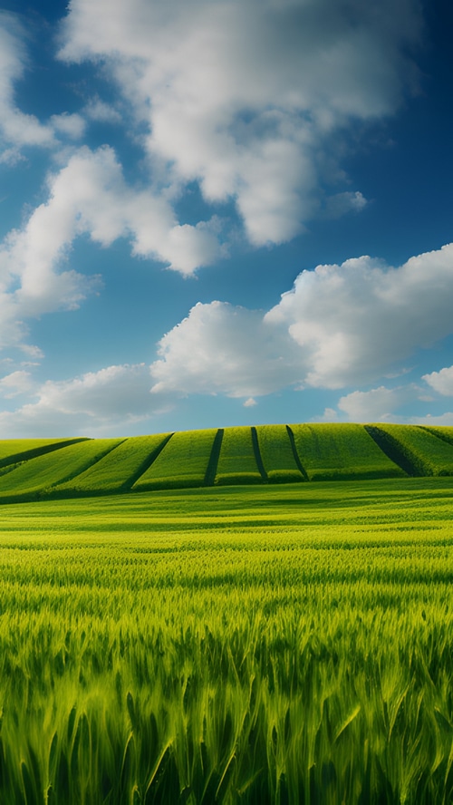 Green fields under a blue sky with clouds