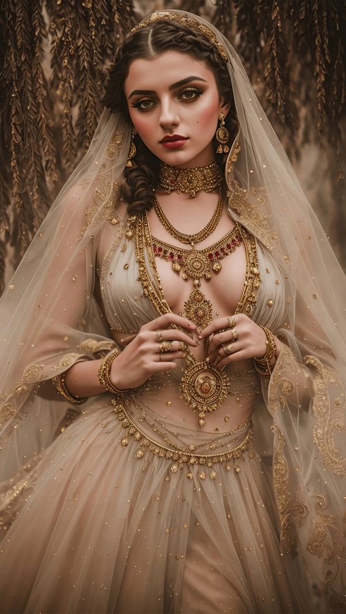 Fantasy woman in ornate gold jewelry and veil