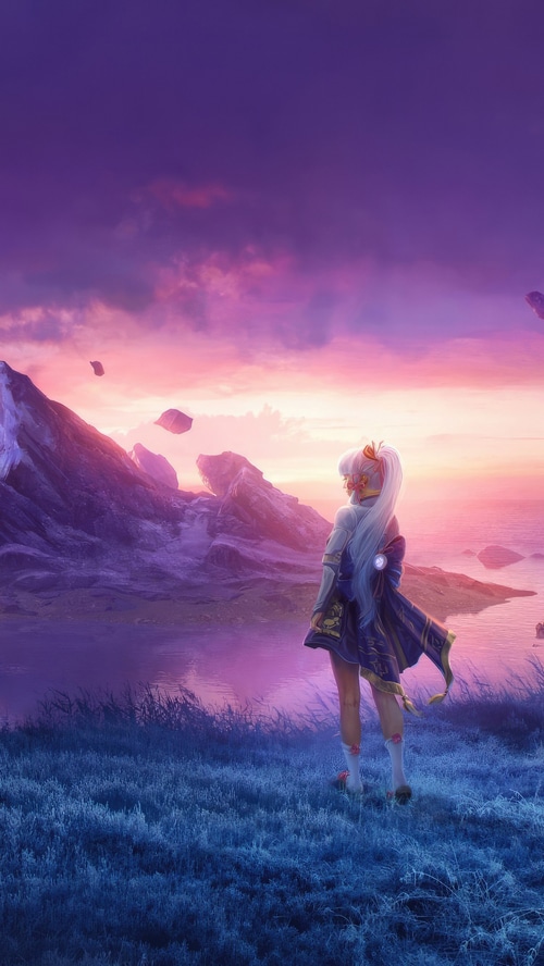 Kamisato Ayaka in a fantasy landscape at sunset