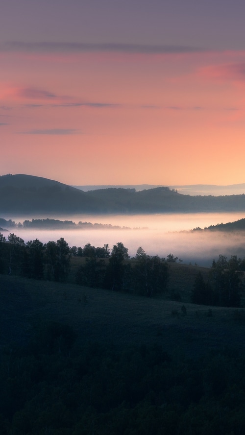 Misty valley landscape at sunrise with rolling hills