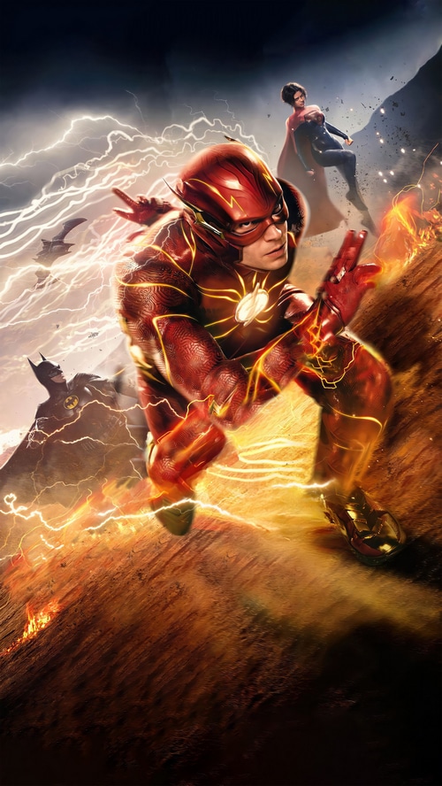 The Flash, Batman, and Supergirl in action
