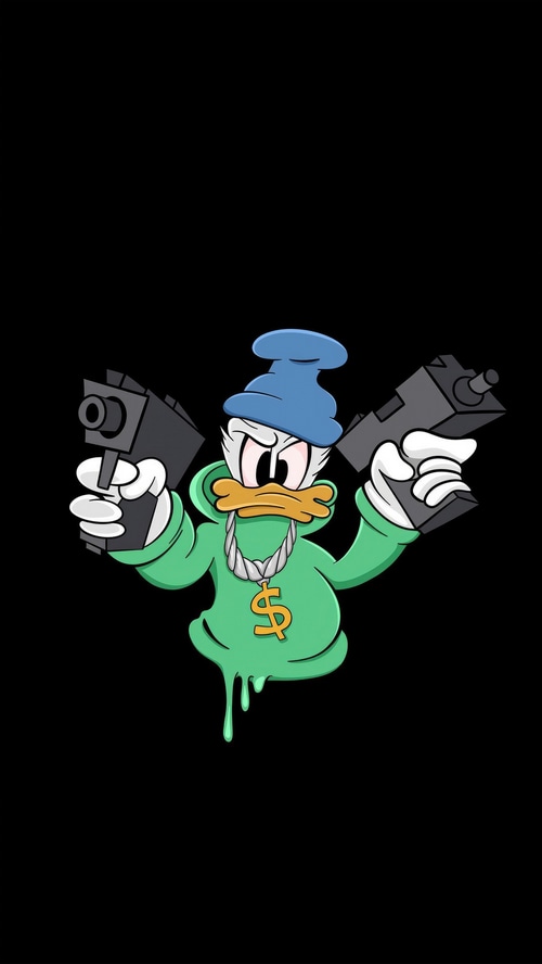 Donald Duck with guns and money chain