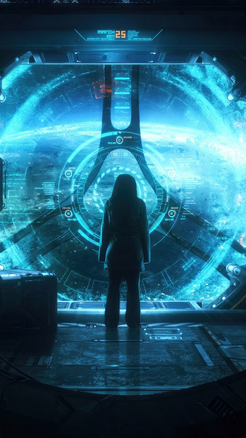Sci-fi artwork of a person looking at a digital display