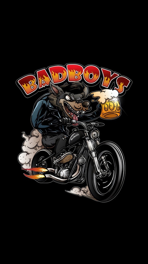 Bad Boys wolf riding a motorcycle with beer