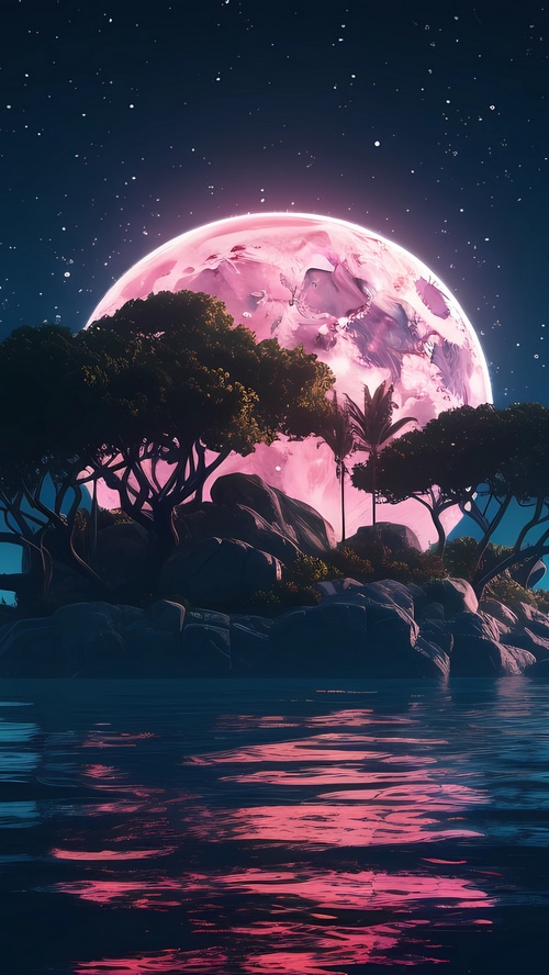 Pink Moon Over Rocky Island with Trees