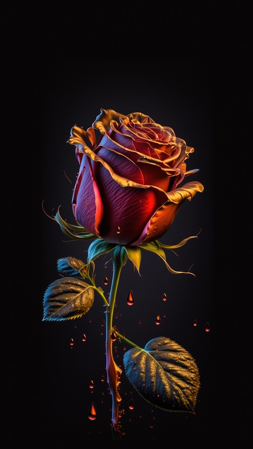 Digital art of a red and gold rose with water droplets