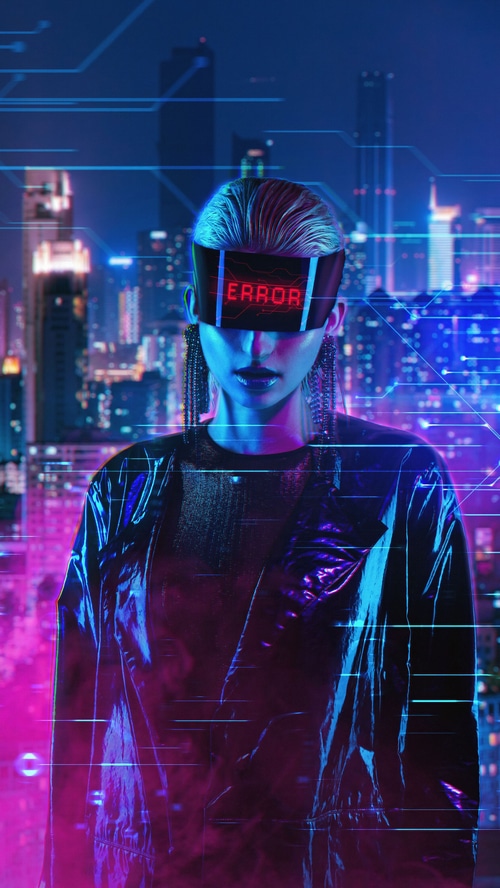 Woman with VR headset displaying ERROR in futuristic city