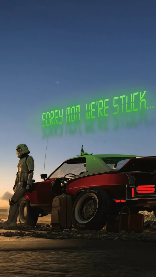 Stormtrooper and car with message