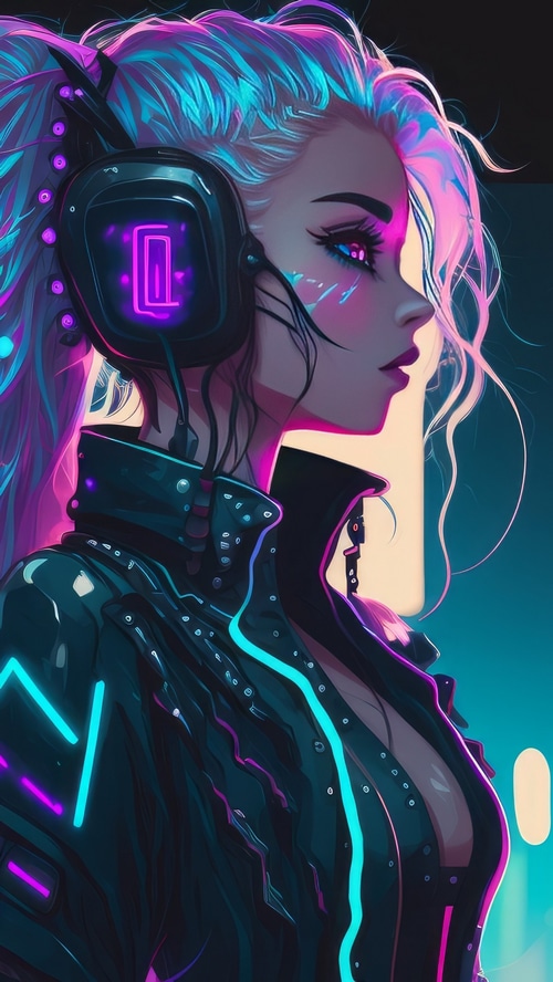 Fantasy Girl with Neon Headphones and Jacket