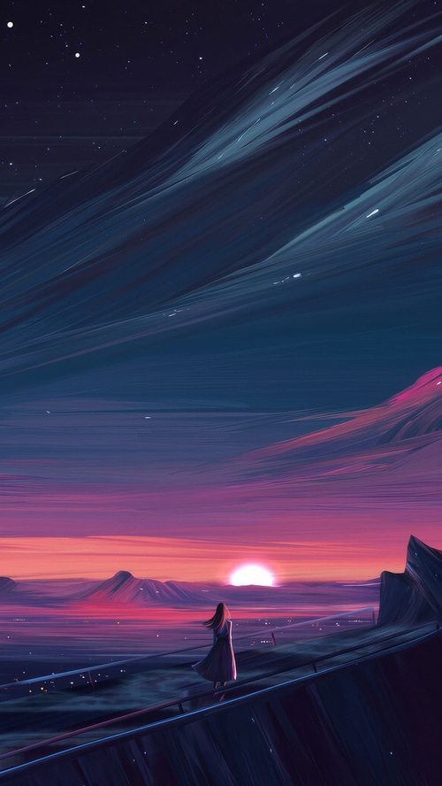 Digital art of a woman watching the sunset over mountains