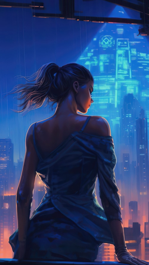 Cyberpunk artwork of a woman overlooking a futuristic city