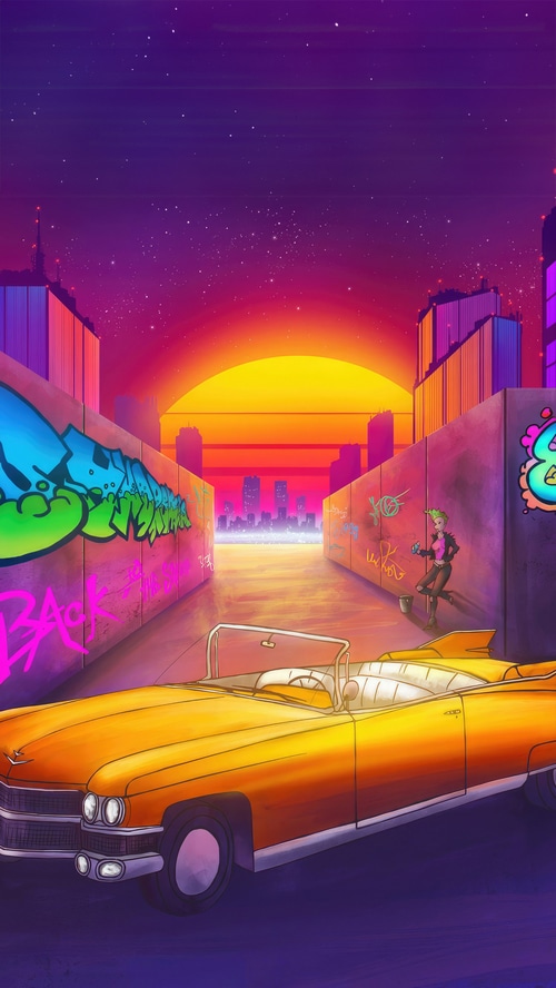 Synthwave artwork of a woman painting graffiti on a wall