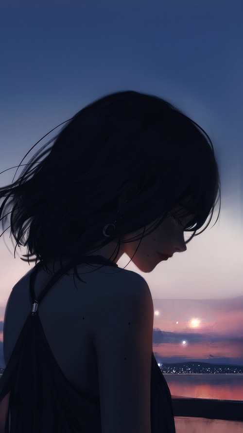 Artwork of a woman looking down at sunset
