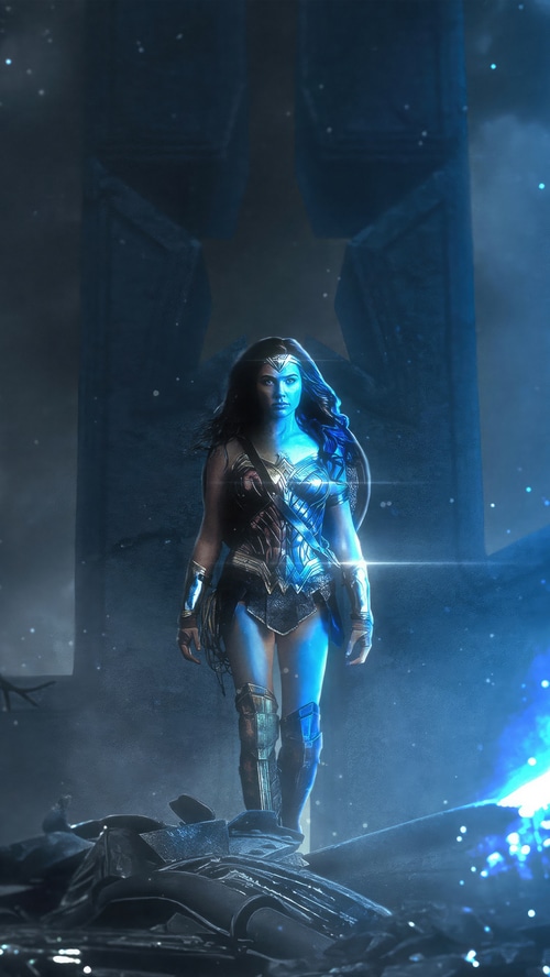 Wonder Woman in a ruined landscape