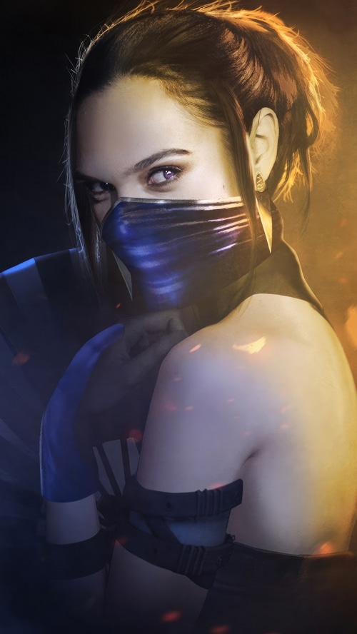 Mortal Kombat movie character with purple eyes and mask