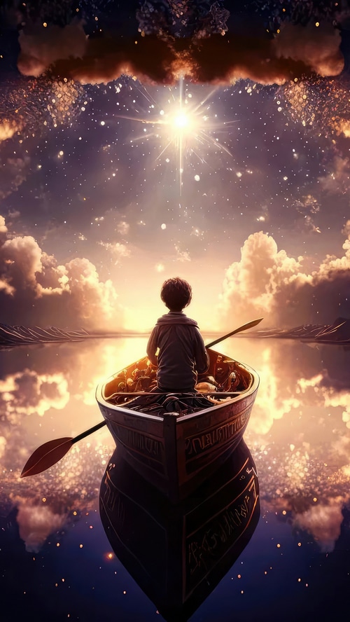 Boy in a boat under a starry sky