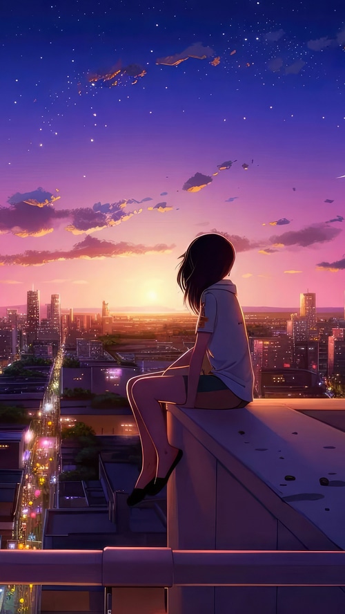 Anime girl sitting on a rooftop overlooking a city at sunset
