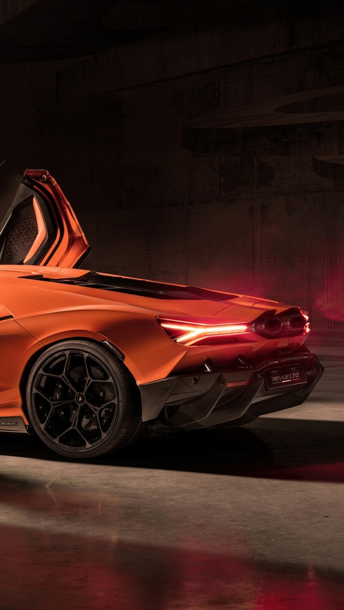 Lamborghini Revuelto rear view with doors open
