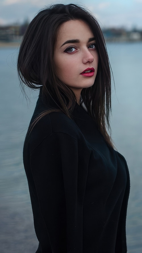 Woman in black dress by the water