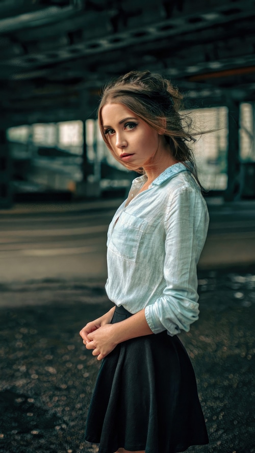 Ksenia Kokoreva in a light blue shirt and black skirt
