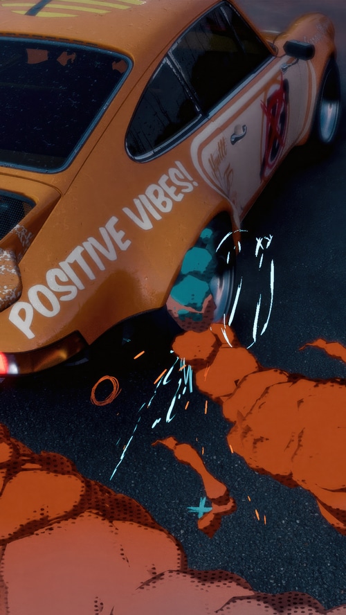 Need for Speed Unbound orange car with "POSITIVE VIBES!"