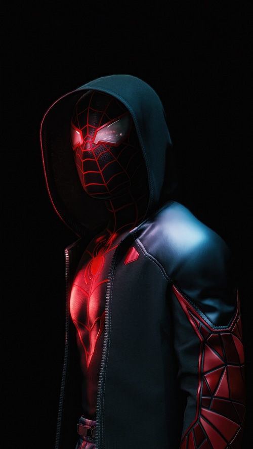 Spider-Man Miles Morales in a black and red suit with a hood