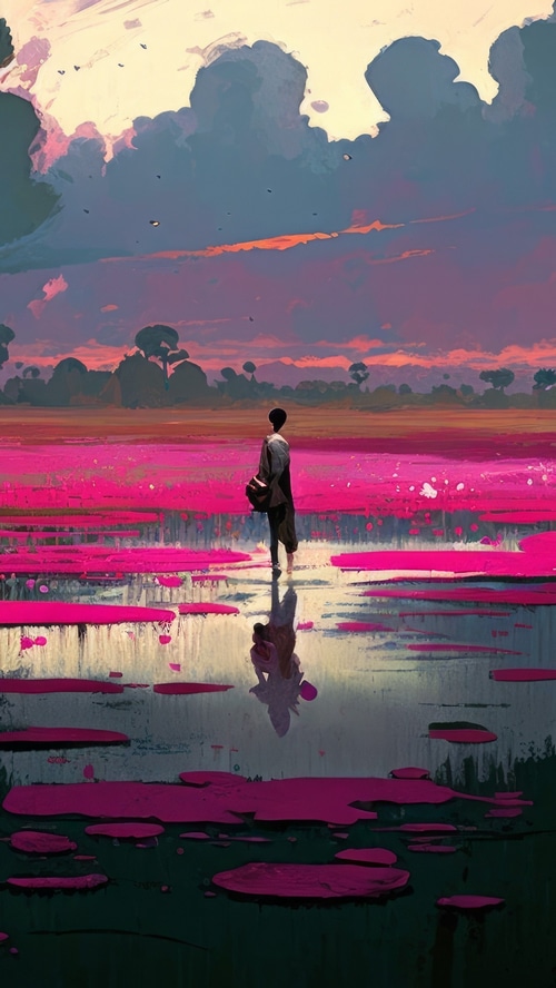 Person walking through a pink field at sunset