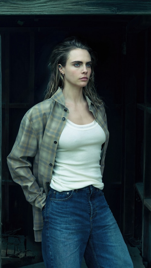 Cara Delevingne in a plaid shirt and jeans