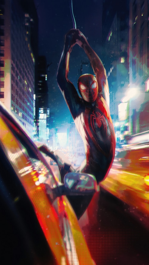Spider-Man swinging through a city at night