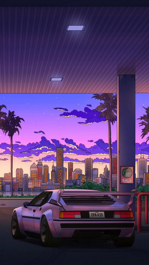 Retro car at a gas station with a city skyline