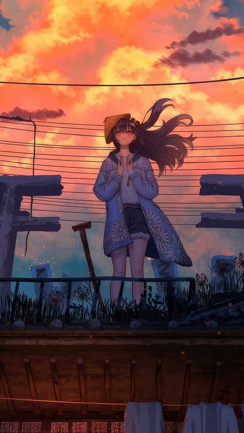Anime girl with a straw hat at sunset