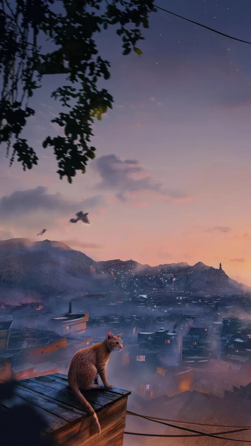 Digital artwork of a cat overlooking a city at dusk