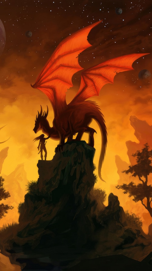 Dragon and person on a rocky outcrop