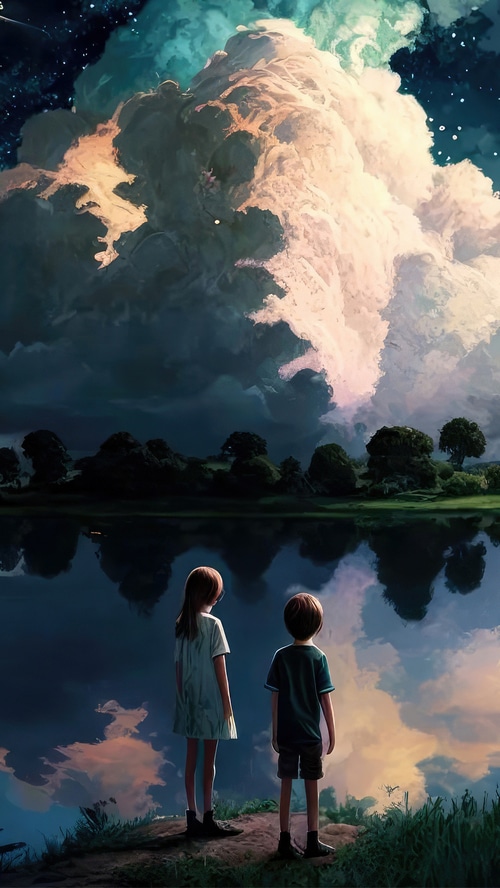 Children looking at a dramatic sky over a lake
