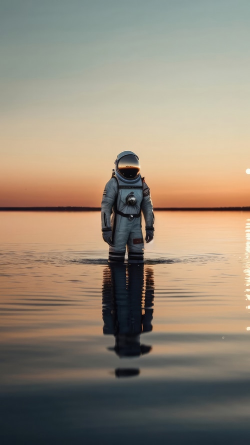 Astronaut standing in water during sunset