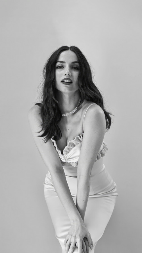 Ana de Armas in a black and white portrait