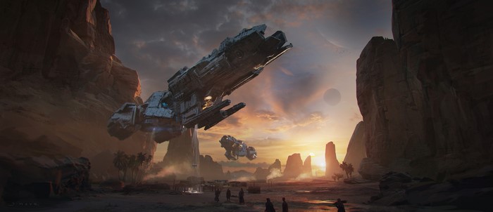 Spaceships landing in a desert canyon at sunset