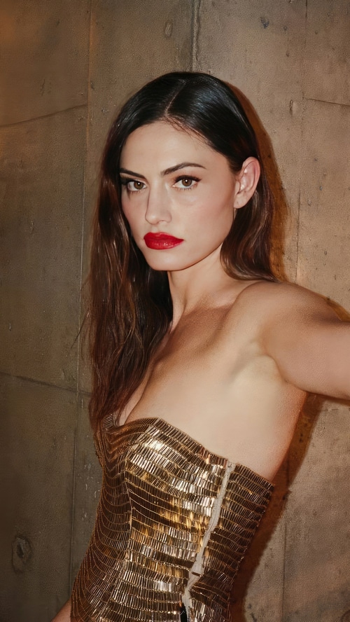 Phoebe Tonkin in a gold dress