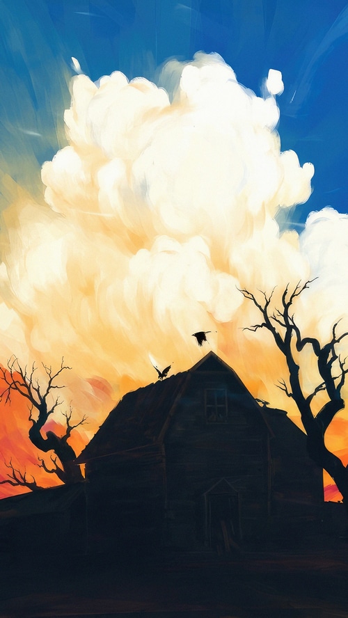 Digital Art of a Haunted House at Sunset