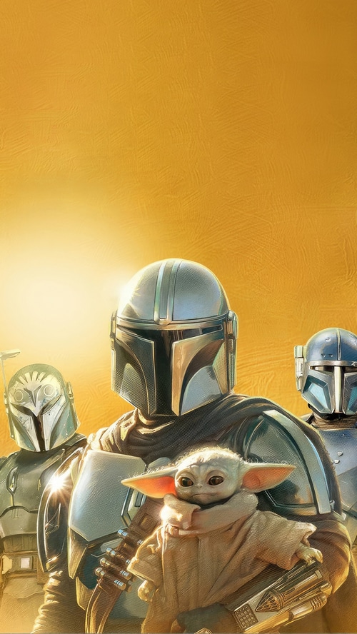 The Mandalorian and Grogu with other Mandalorians