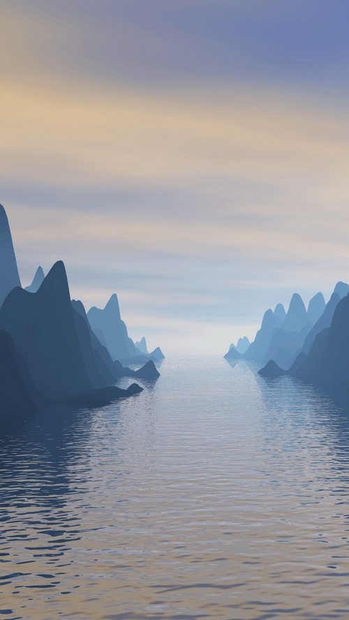 Digital art of a serene mountain landscape with a calm body of water.