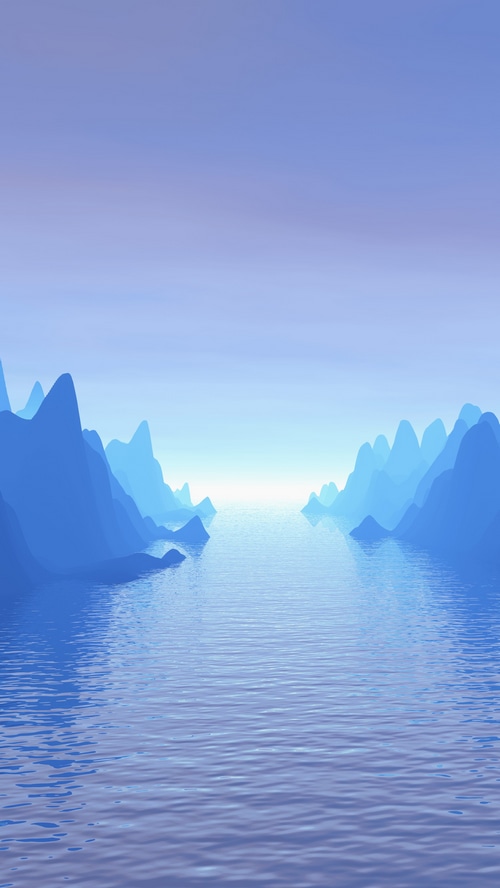 Digital art landscape with blue mountains and water
